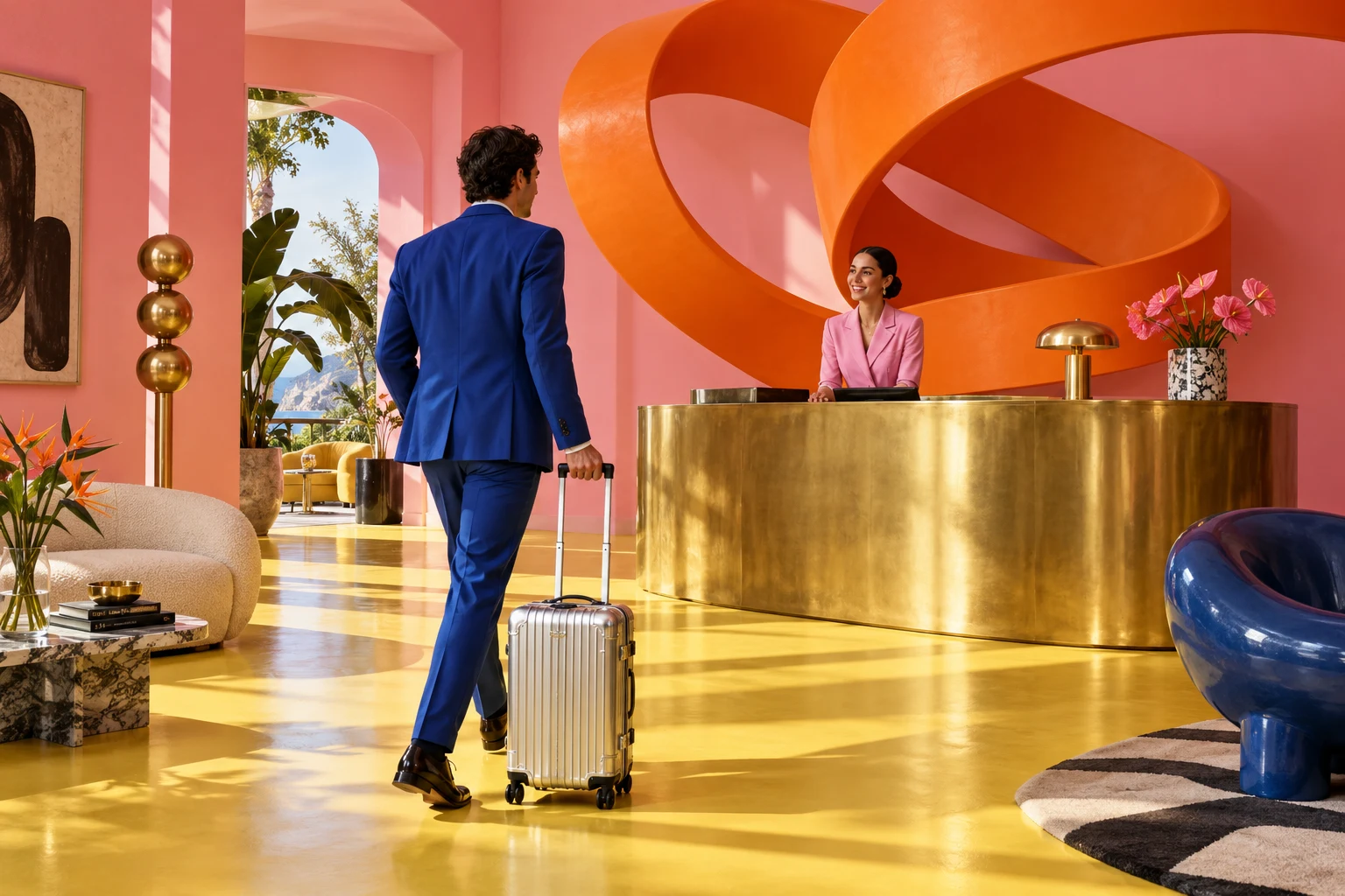Original campaign artwork: A guest arriving in a colorful boutique hotel lobby.